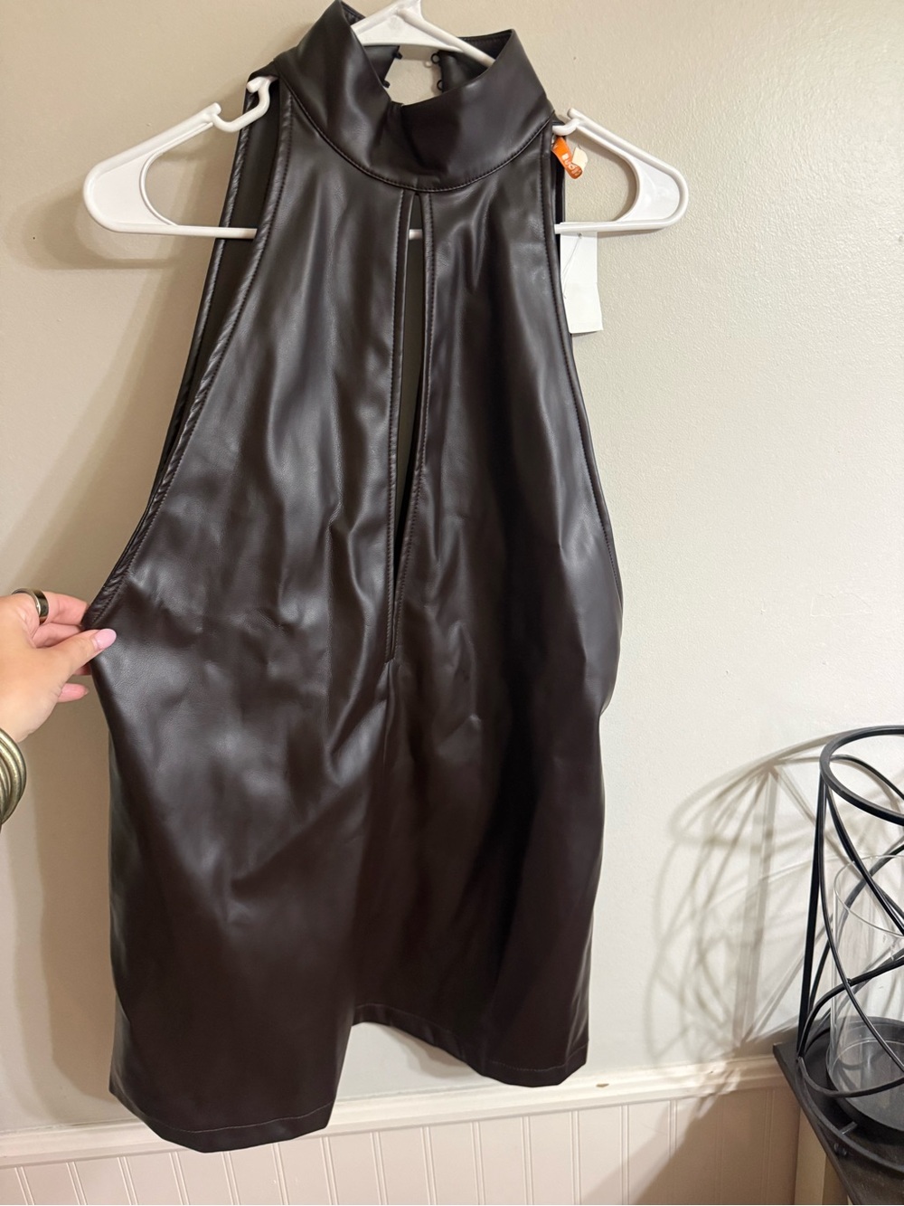 Olivaceous Dark Brown Faux Leather High-Neck Romper